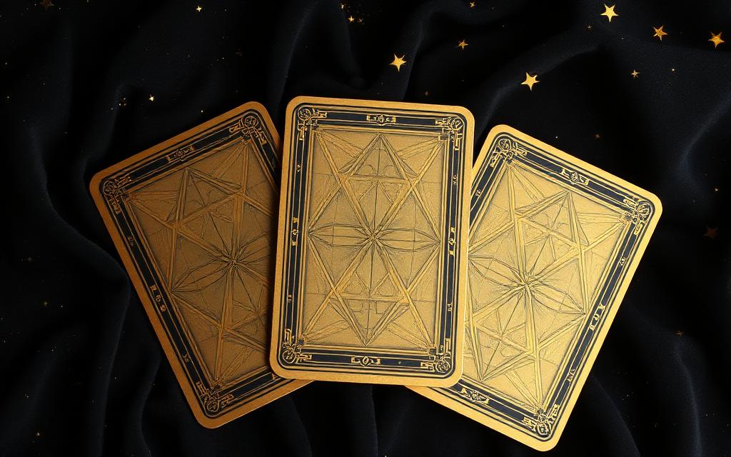 Cartas de tarô com geometria sagrada dourada sobre fundo cósmico